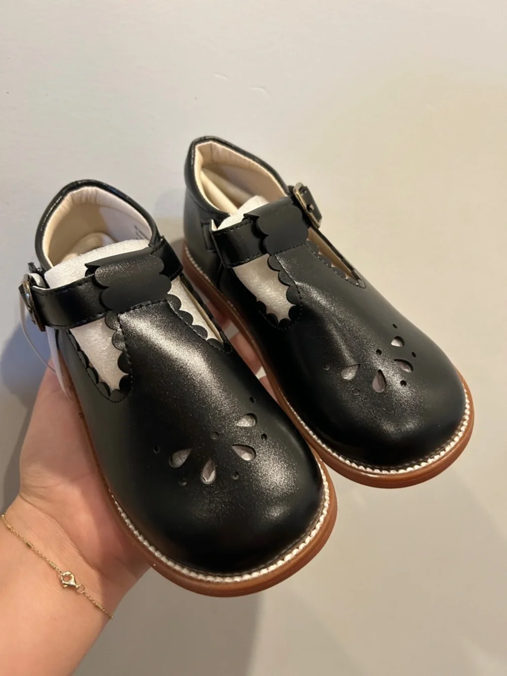 Girls Black T-Strap Floral Cutout Dress Shoes